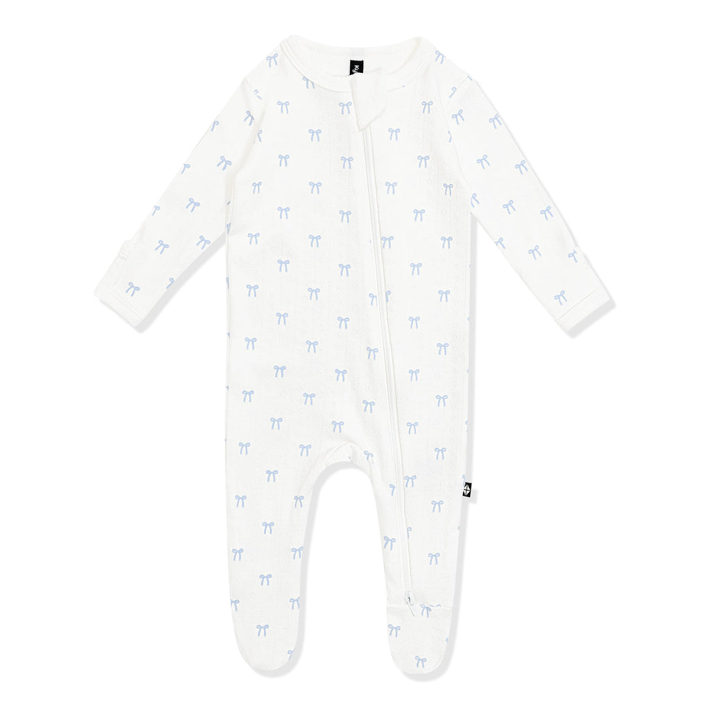 Pointelle Zippered Footie in Sweet Blue Bow