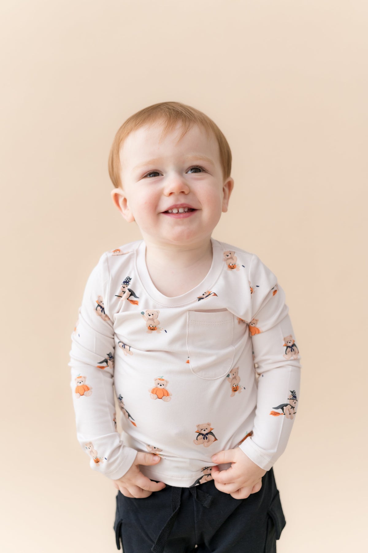 Long Sleeve Toddler Crew Neck Tee in Halloween Teddy