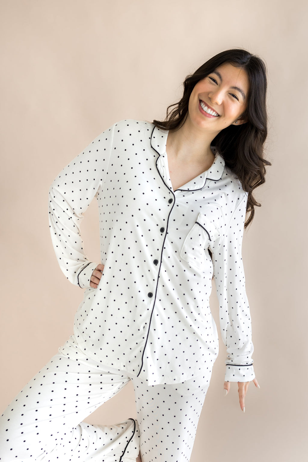 Long-Sleeved Women's Pajama Set in Midnight Polka Dot