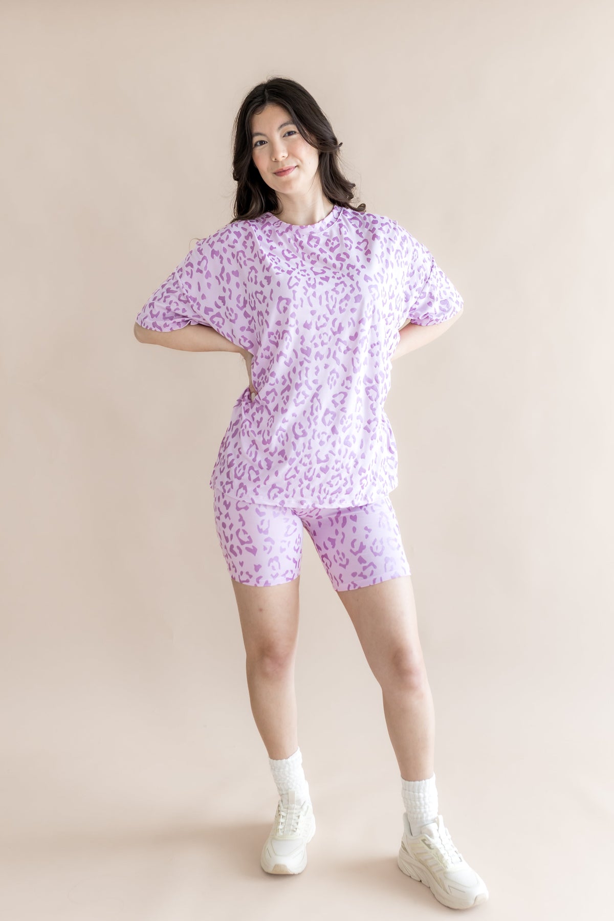 Women’s Biker Short Set in Thistle Leopard