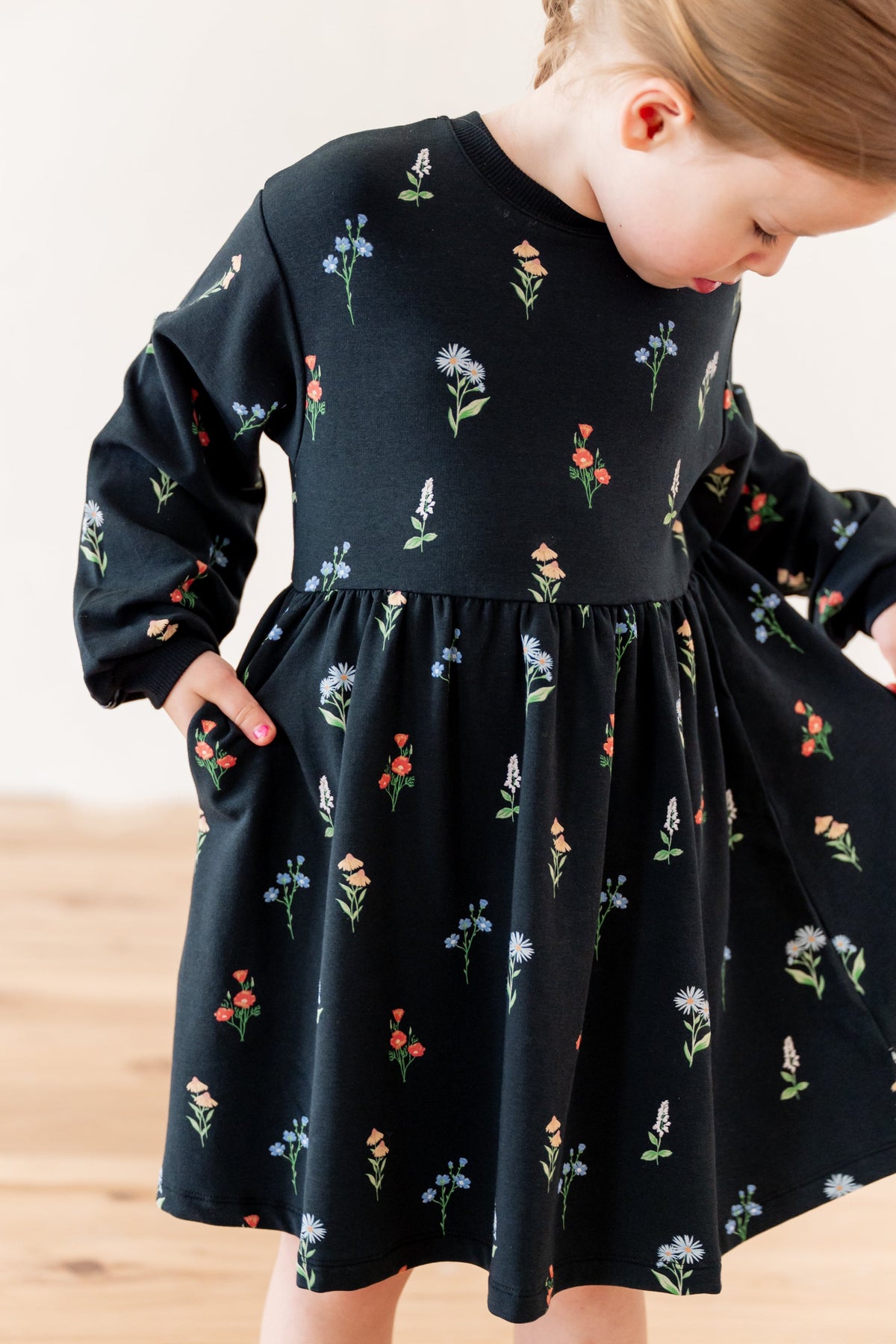 Long Sleeve Skater Dress in Midnight Wildflower