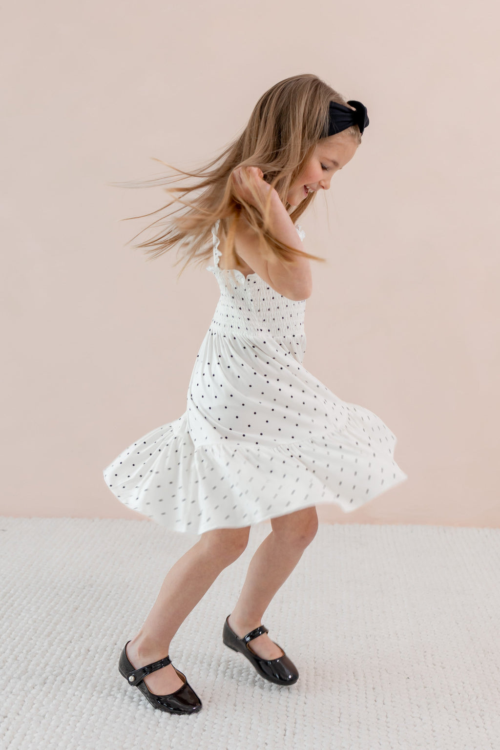 Smocked Dress in Midnight Polka Dot