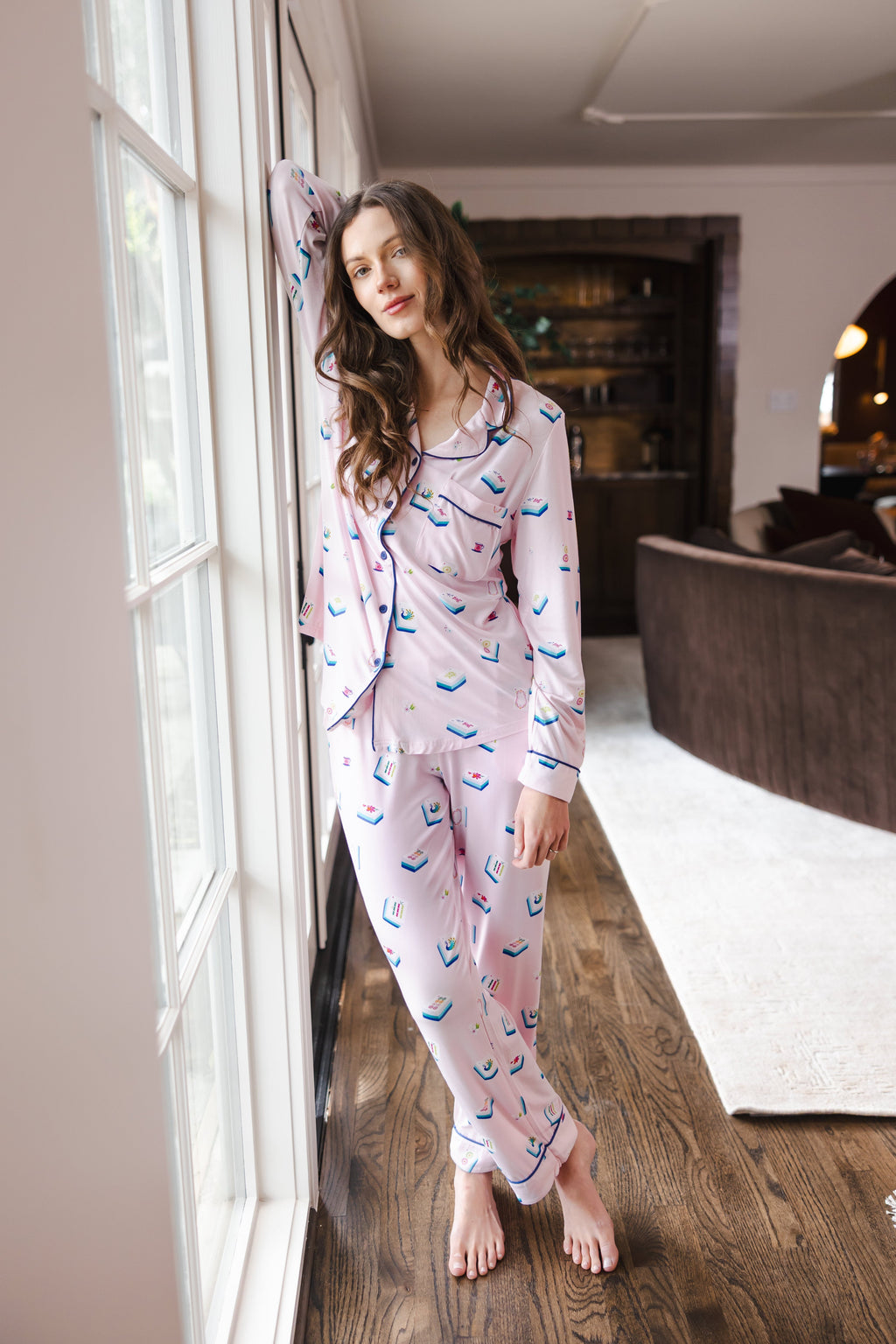Long-Sleeved Women's Pajama Set in Sakura Mahjong