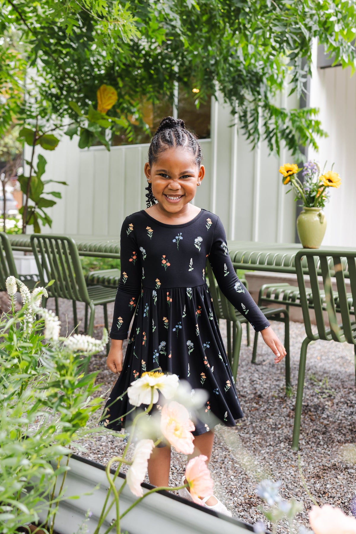 Long Sleeve Twirl Dress in Midnight Wildflower